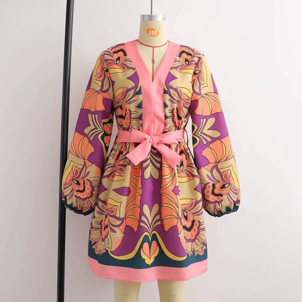 Spring Long Sleeve Floral Placement Print Dress